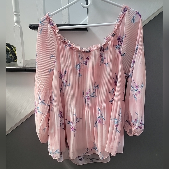 Lane Bryant Pink Floral Chiffon Overlay Off Shoulder Babydoll Top 14/16 1X Plus - Picture 6 of 7